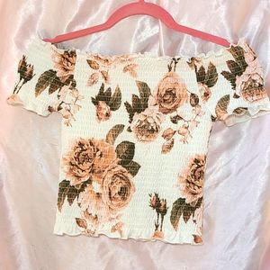 Orange Kiss off-shoulder white crop top (M).